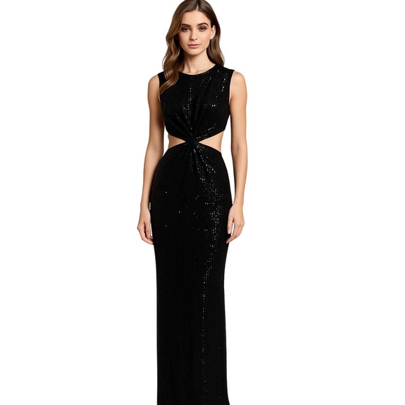 Mac Duggal IEENA Black Sequin Cutout Twist Front Gown XS NWT Evening Gown